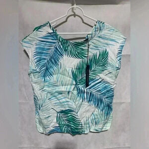 Tahari Womens Sz S Tropical Blue Green Palm Linen Button Back Tank Top Beach NEW